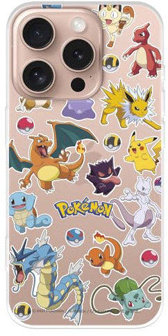 Schutzhülle kompatibel mit iPhone 16 Pro, offizielle Pokémon-Sticker und Pokeball zum Schutz Ihres Handys. Flexible transparente Silikonhülle mit offizieller Pokémon-Lizenz