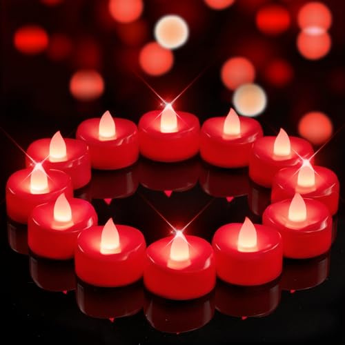merrynights 12 Pack Red Tea Lights Candles Battery Operated, 200+ Hours | Flickering Flameless LED Tealight Candles,Bright Red Candles for Christmas Displays, Romantic Dinners, Party, Halloween Decor