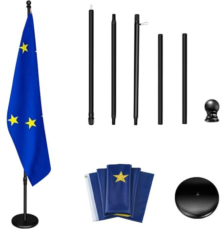 Fahnenmast für den Innenbereich, 200 cm - 252 cm hoch und gesenkt, um die Höhe anzupassen, der Sockel fügt Gewicht hinzu, Fahnenmasten um 360 Grad drehbar, 90 x 150 cm Flagge der Europäischen Union.