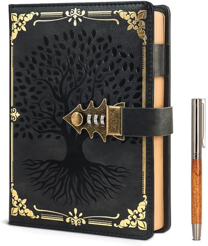 WEMATE Lock Journal with Pen & Gift Box, A5 260 Pages, Refillable, Hardcover Leather Password Notebook for Writing,Vintage Lock Diary for Women, Girls, Men, Students, 8.6 x 5.8 in, Black