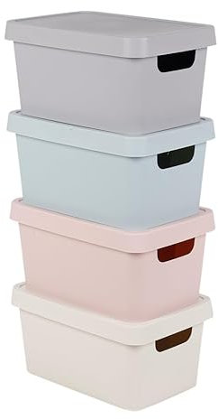 Muddy Hands Set of 4-3.6 Litre Plastic Storage Boxes with Lids Home Kitchen Bedroom Bathroom Office Stackable Lidded Baskets Containers