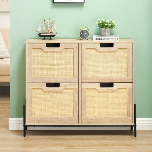 OPULENTHOME Schuhschrank Rattan,Schuhkipper Schmal,Schuhschrank mit 4 Klappen, mit 8 Einstellbar Ablageflächen, Schuhkommode für Flur Eingang 100 x 24 x 88 cm