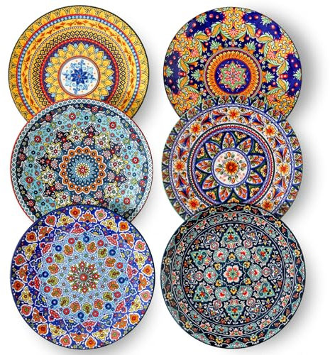 glowworm Dinner Plates, 10.5 Inch Ceramic Plates Set of 6 for Steak, Snacks, Pizza, Cake, Colorful Serving Dishes for Kitchen, Housewarming Gift, Microwave, Oven & Dishwasher Safe, Bohemian