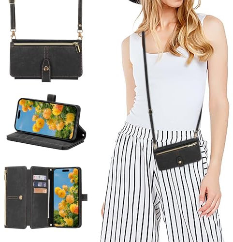 ZCDAYE Hülle für iPhone 16e mit Band Handykette, Leder iPhone 16e Handyhülle Handytasche mit Kartenfächern Frauen Brieftasche Klapphülle zum Umhängen Tasche iPhone 16E (6.1 inch),Schwarz