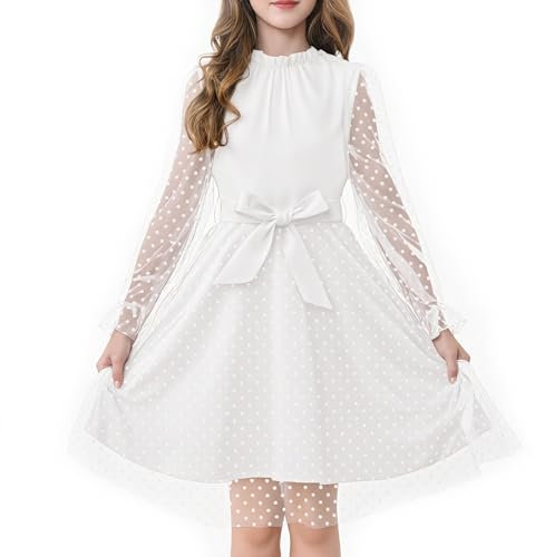 Rolanko Girl's Puff Long Sleeve Dress, High Waist with Belt A Line Ruffled Collar Contrast Mesh Princess Party Tulle Dresses, White, 13-14 Years, 170