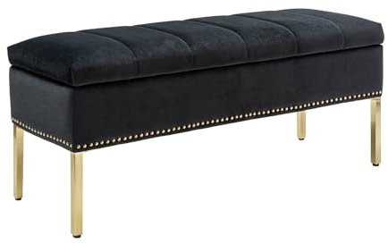 HULALA HOME Moderne Samt Sitzbank mit Stauraum Elegante Truhenbank für Flur Schlafzimmer Wohnzimmer Samtbezug 5-Fach gepolstert Metallbeine, Schwarz