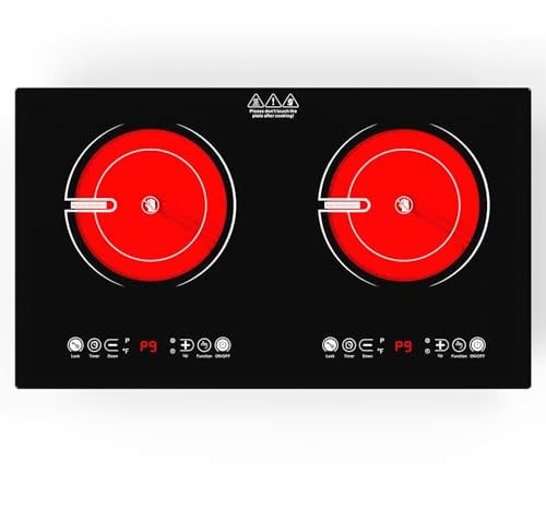 VBGK Double Ceramic Hob, 220V 3520W 2 Ring Electric Hob, Plug in Electric Stove Top with Touch Control,9 Heating Level, 4H Timer & Kid Safety Lock,Built-in and Countertop