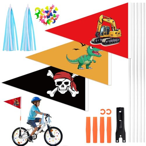 ZJKUBOIS 3 Stück Fahrradfahne für Kinder, Fahrradwimpel Kinder Set mit Metall Fahnenmast, Bunt Fahrradspeichen Deko, Lenker Quasten, Fahrrad Deko Zubehör für Jungen und Mädchen Kinderrad (Junge)