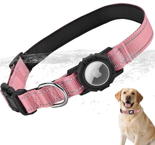 LZXLXS Verstellbares, Wasserdichtes und Reflektierendes Hundehalsband, Kompatibel mit Apple AirTag für Kleine, Mittlere und Große Hunde, Rosa, S