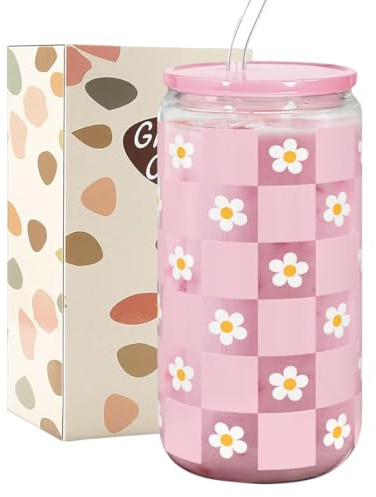 1 taza de cristal con diseño de margaritas con tapa y pajita, 16 oz, regalo para Navidad, cumpleaños, día de la madre