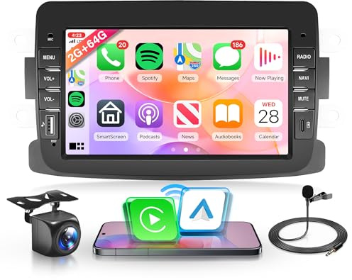 2G+64G Android Autoradio für Dacia Logan Dokker Duster Sandero Lodgy Renault Captur Symbol 7 Zoll Autoradio mit Wireless Carplay Android Auto GPS Navi WiFi Mirror Link Bluetooth FM/RDS Rückfahrkamera