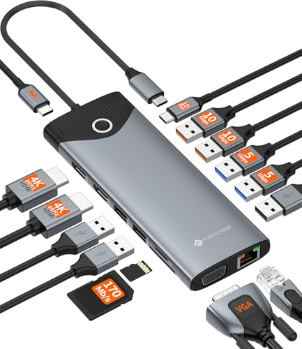 NOVOO Docking Station 15 in 1, Hub USB C - Pulsante On/Off Schermo Esterno, 2 HDMI 4K@60Hz, USB-C/A 10Gbps, VGA, Lettore SD/TF, Ethernet RJ45, PD 100W, Compatibile con MacBook, iPad, Lenovo, Dell