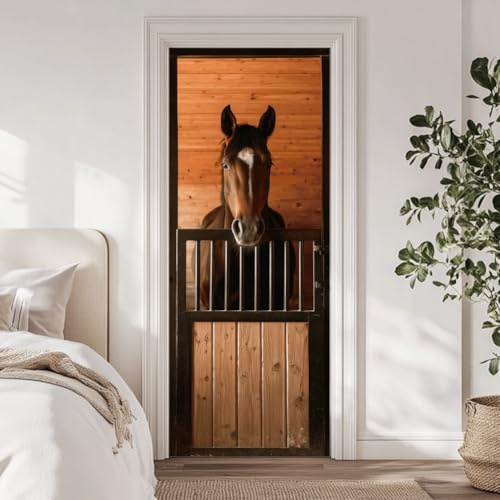 arricraft 2 Stück Selbstklebender Türaufkleber, Pferde Holzstall Eisen Tor | 31.5X78.7 Türfolie Selbstklebend Türaufkleber Wrap Künstlerische Aufkleber Wasserdicht PVC Abnehmbare Wandbild Tapete