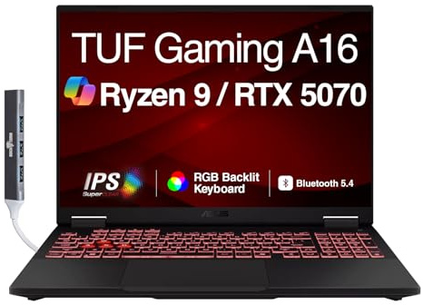 ASUS TUF Gaming A16 AI Gaming Laptop 16.0 165Hz IPS WUXGA Display (AMD Ryzen 9 270, GeForce RTX 5070 8GB, 32GB DDR5, 8TB PCIe SSD, RGB KB, WiFi 6E, Webcam, Win 11 Home) w/DKZ USB Port Expander