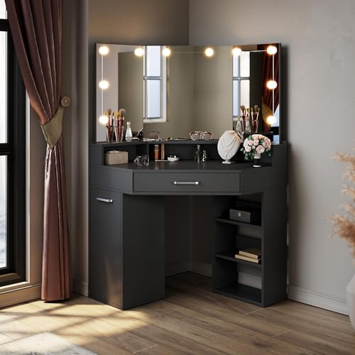 ELEGANT Corner Curved Dressing Table with Tri-Fold LED Mirror, 54x111x142cm | Corner Vanity Desk with Adjustable Brightness Hollywood Lights, Black Makeup Table with 1 Large Drawer & Side Storage Cabinet