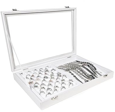 Schmuckkasten Schmucklade Schaukasten Schmuckdisplay mit Glasdeckel weiss (2 in 1 für Ketten Ringe)