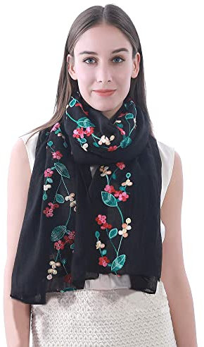 Lina & Lily Damen Schal mit Blumen Bestickt in Verschiedenen Farben (Schwarz)