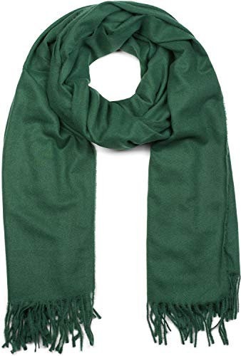 styleBREAKER Unisex Langer Schal einfarbig mit Fransen, Winter Stola Warm Unifarben, Weiches Tuch Viskose 01017104, Farbe:Dunkelgrün