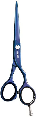 JAGUAR Haarschere DIAMOND E TB 5.5 | Friseurschere im Offset-Design | antiallergene titanblaue Hochglanzbeschichtung | Made in Germany