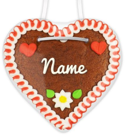 Essbare Tischkarte aus Lebkuchen personalisiert mit Namen, 12 cm, rot-weiß | LEBKUCHEN WELT Lebkuchenherz mit farbigem Rand und Zuckerguss-Herzchen, 12 cm. Namen online eingeben – essbare Tischkarte.