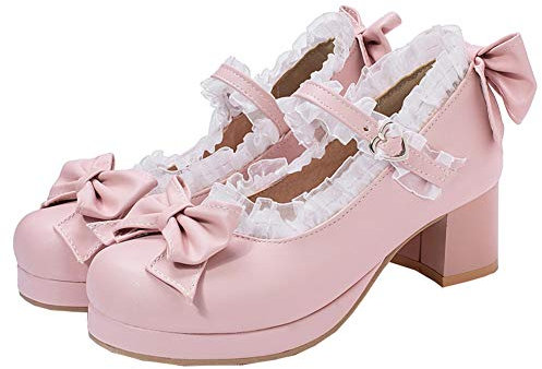 Mary Jane Damenschuhe Pumps mit Blockabsatz und Riemchen 5cm Absatz Rockabilly Schuhe(Pink,42)