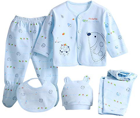 PPangUDing Babykleidung Neugeborene Baby Jungen Mädchen Kleidung Set, Langarm Cartoon Drucken Tops + 2pc Lange Hosen + Hüte + Lätzchen 5-Teiliges Kinder Unisex Kleidungs Set (0-3M,Blau)