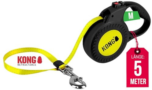 alcott Kong ausrollbare Hundeleine Reflect I Gelb-Schwarz I Lange Leine für Hunde I Rollleine mit Break & Lock System I Reflektierende Elemente an Gehäuse & Gurt I Länge: 5 m I Größe M bis 30 kg