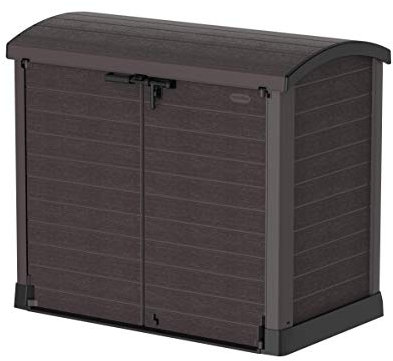Duramax Cedargrain StoreAway 1200L Abri de jardin en plastique / couvercle arc, Abri pour poubelles, Cache poubelles, Coffre de poubelle, Idéal pour les 2x 240L poubelles, 145x85x125 cm, Marron