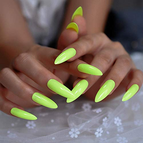 False Nails Neon Fluorescent Green Press on False Nails Extra Long Stiletto Pointed UV Gel Glue On Fake Fingersnails Free Adhesive Tapes