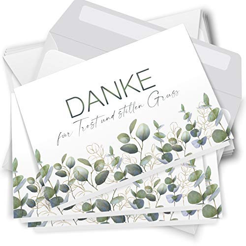 Danksagungskarten Trauer – 10 Klappkarten mit Umschlägen – Motiv: Eucalyptus Gold – Trauerkarten Danksagung mit Text – Dankeskarten Trauer nach Beerdigung