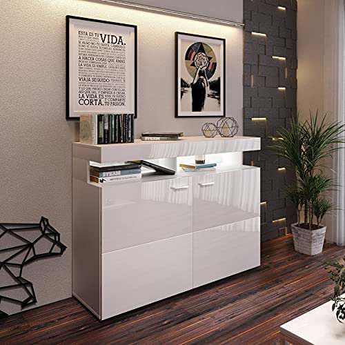 lukmebel Kommode Vancouver W9.862, 2-türige Kommode mit Einlegeböden und Schublade, Weiß Glanz, Schichtstoffplatte, B 179 cm, H 89 cm, Modern, Polnisches Produkt