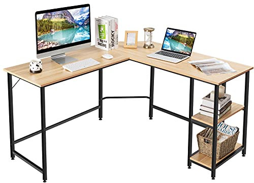 COSTWAY L-förmiger Schreibtisch, Homeoffice Schreibtisch mit 2 Ablageflächen, Computertisch mit Metallgestell & Fußstütze, Eckschreibtisch für Büro Schlafzimmer Studie (Natur)