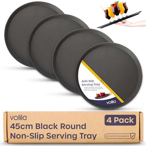 Volila Black Round Serving Tray - 45 cm (4 Pack) Rubberized Non Slip - Dishwasher Safe for Food & Drinks - Perfect for Parties, Gatherings, Bars, Restaurants & Home
