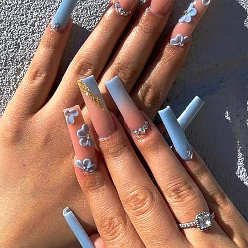 Brishow Coffin Long Blue Flower Press on Nails - Ballerina Acrylic Stick on 24pcs for Women and Girls