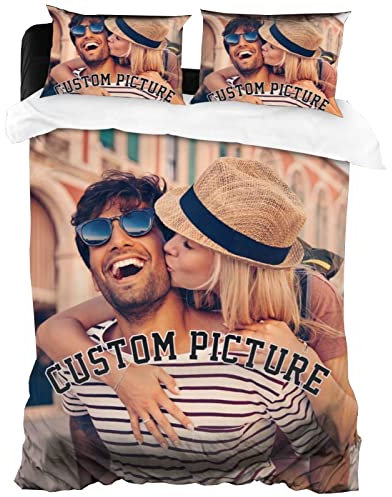 LZXSXZ Personalisierter Doppel-Bettbezug, personalisiertes Foto-Bettwäsche-Set, individueller Text Foto-Bettbezug und Kissenbezug für Familie, Paare, Baby, Geburtstag, Freundschaft, Jahretag