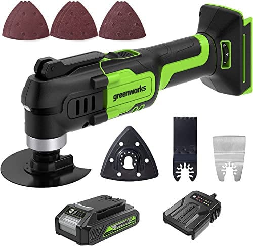 Greenworks Herramienta multifuncional 24V G24MT (Li-Ion 24V 18000 oscilaciones por minuto arco oscilante de 3° velocidades variable cambio de cuchilla sin herramienta luz LED con batería y cargador)