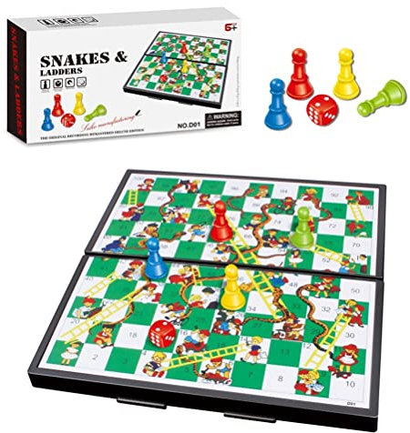 Magnetic Snakes and Ladders Board Game - Portable Fun Family Travel Board Game Gift for Kids Adults Teens 2-4 Players (10 Inches)