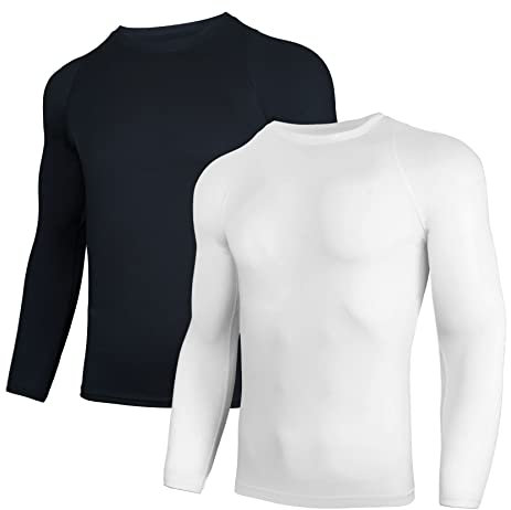 AMZSPORT Herren 2er Pack Kompressionsshirt Langarm Funktionsshirt Schnelltrocknendes Laufshirt Atmungsaktiv Sportshirt für Männer, SchwarzWeiß S