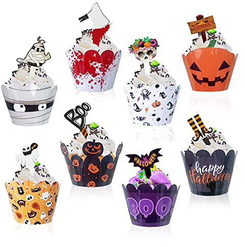 GoldRock 48 Teiliges Halloween Kuchendeko Set, 24 Cupcake Wrapper Halloween+24 Muffin Halloween Deko, Fledermaus Grabsteinmesser,Kürbis Halloween Kuchen Dessert Deko,Halloween Motto Partyzubehör