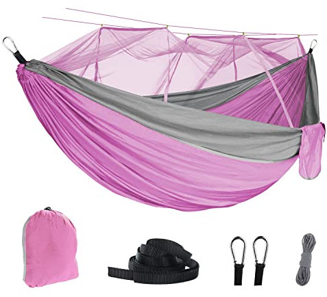Amaca Set Portatile Outdoor Amaca Campeggio Con Zanzariera Leggero Nylon Traspirante Amaca Altalena Con Cinghie Albero Moschettoni Per Viaggi Zaino Escursionismo.Rosa+Grigio