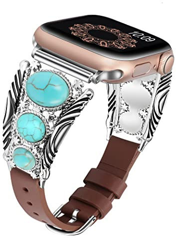 Minyee Leather Band Compatible with Apple Watch 38mm 40mm 41mm 42mm 44mm 45mm 49mm Turquoise Vintage Boho Ethnic Antique Jewelry for Ultra 2 Series 9 8 7 6 5 4 3 2 1 SE