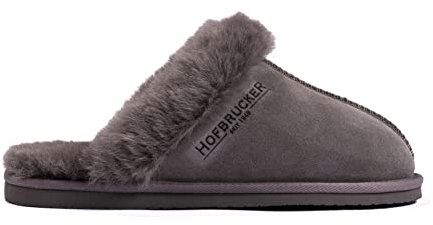Hofbrucker warmer Lammfell Hausschuh für Frauen mit fester Sohle Obermaterial 100% Lammfell, grau, Größe 38