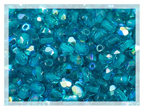 ca 600 pcs (50g) Faceted Fire Polished Pressed Czech Glass Beads 4mm (0.16in), Aqua Blue AB 60150 27801