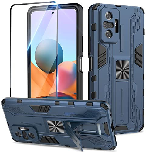 Btstring Funda para Xiaomi Redmi Note 10 Pro con Cristal Templado Protector Pantalla, Carcasa Protectora Antigolpes con Soporte Reforzado- Azul