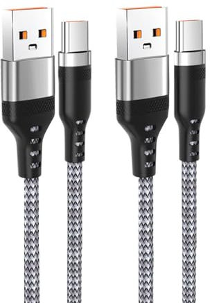 USB C Cable 2m 2Pack, USB A to USB Type C Fast Charging Charger Lead Nylon Braided Compatible with Samsung Galaxy S20 S10 S9 S8 Plus (Grey)