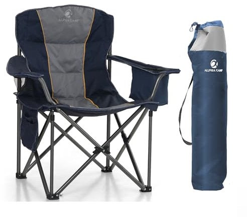 LET'S CAMP Folding Camping Chair Oversized Heavy Duty Padded Outdoor Chair with Cup Holder Storage and Cooler Bag, Support 200 KG with Thicken 600D Oxford