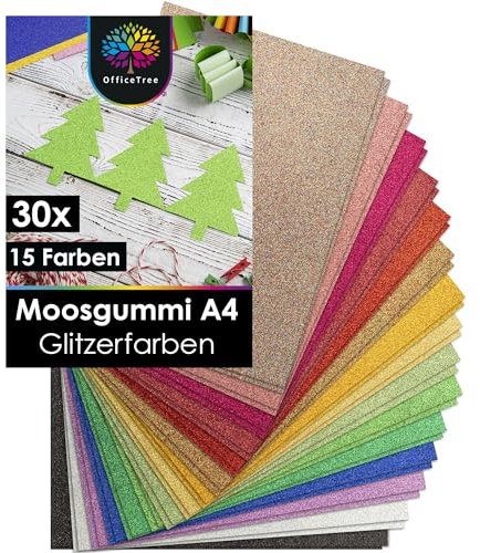 OfficeTree 30x Bögen Glitzer Moosgummi 2mm - Moosgummi Platten A4 - Moosgummi Glitzer - Schaumgummi Basteln - Schaumstoff zum Basteln - Glitzermoosgummi A4 für DIY Bastelarbeiten