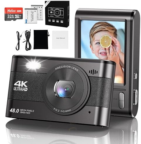 Appareil photo numérique compact 4K HD 1080P Appareil photo 48MP Zoom 18X Petite caméra avec écran LCD, carte SD de 32 Go et batterie gratuites pour enfants/enfants/adolescents/personnes âgées (noir)
