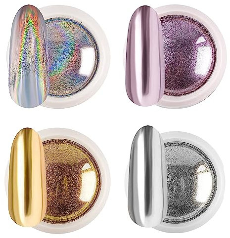 4 Colors Chrome Nail Powder Set Glitter Metal Mirror Effect Nail Art Design 3D Holographic Laser Dust Nail Powder Silver Gold Pink Chrome Nail Art Home DIY with 4 Sponge Sticks
