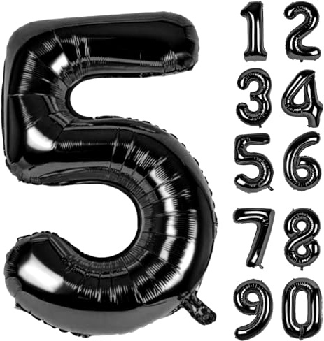 LAPONO Folienballon 5 Schwarz, XXL Zahlen Luftballon, Helium geeignet | Geburtstagsdeko für Kinder, Aluminiumfolie, selbstschließendes Ventil, Aufblashalm inklusive, Aufhängelöcher, Metallic-Optik
